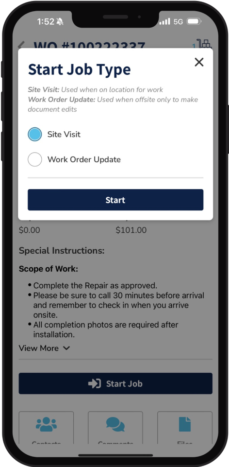 starting job screen