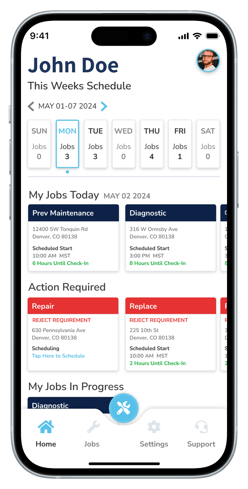 Motili app home screen showing John Doe's weekly schedule, today's jobs, and an Action Required section for work that needs attention.